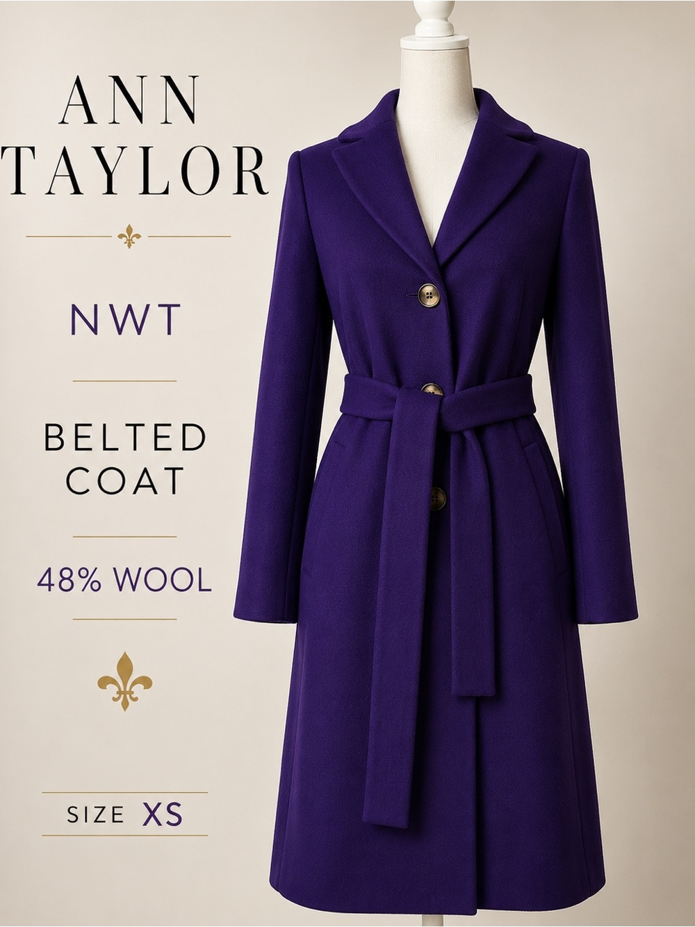 NWT Ann Taylor Midnight Mulberry Belted Notch Collar Coat XS